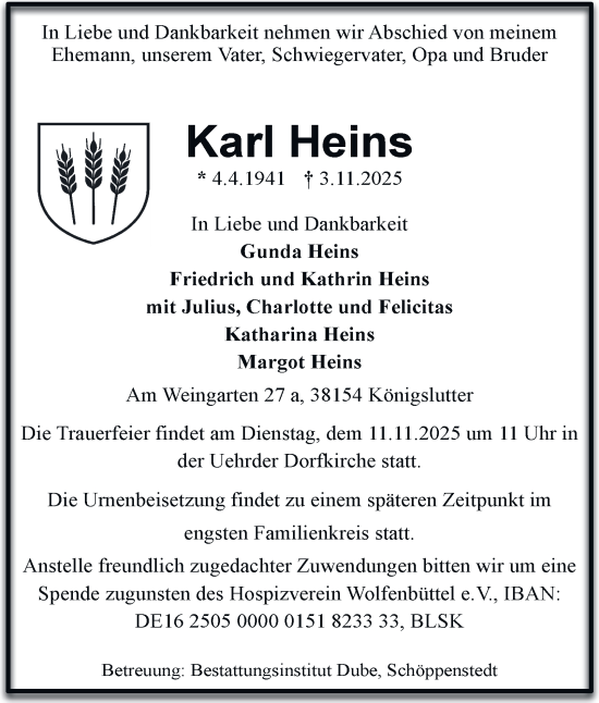 Traueranzeige von Karl Heins von Helmstedter Nachrichten, Wolfenbütteler Zeitung