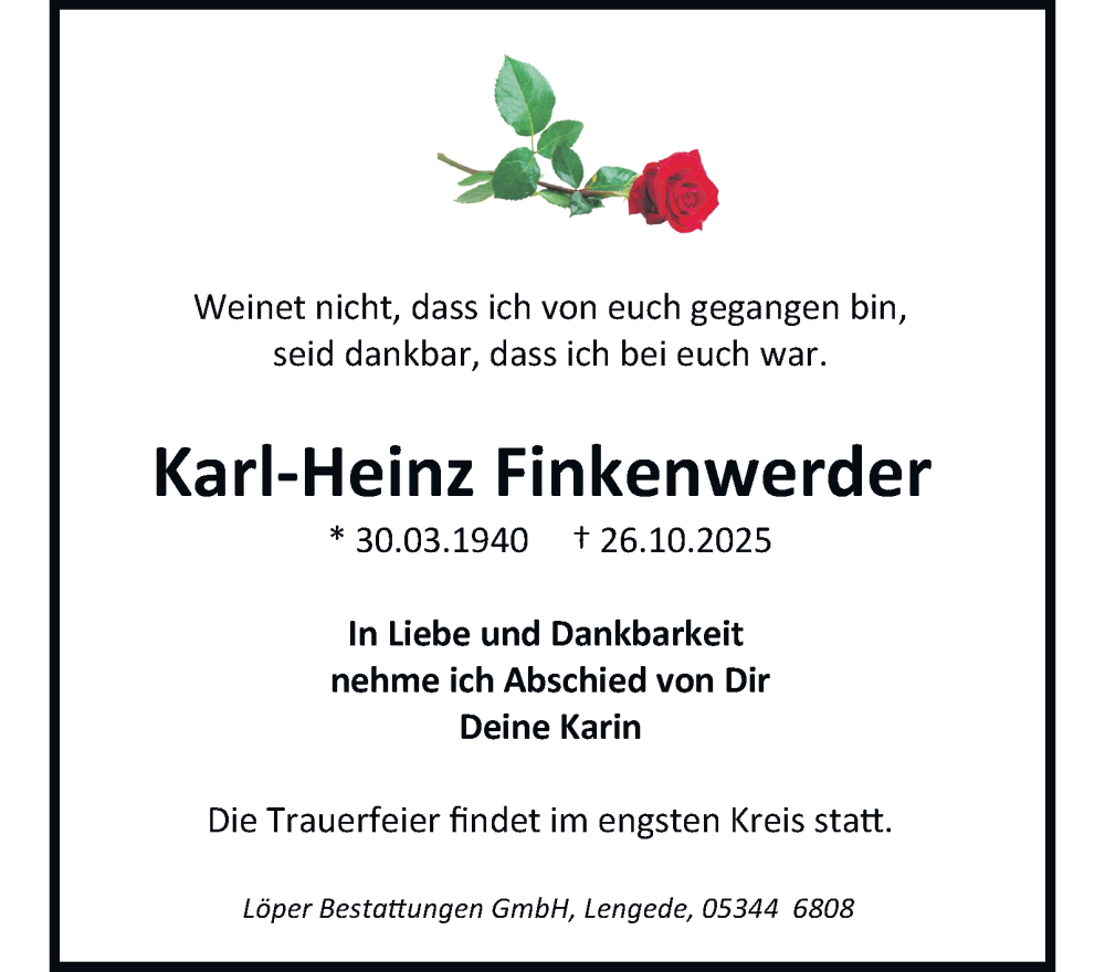  Traueranzeige für Karl-Heinz Finkenwerder vom 22.11.2025 aus Peiner Nachrichten