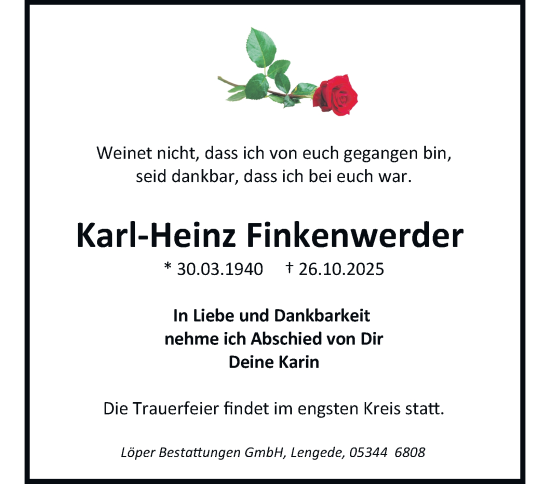 Traueranzeige von Karl-Heinz Finkenwerder von Peiner Nachrichten