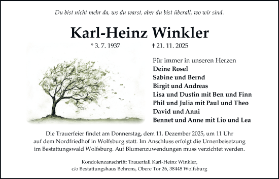 Traueranzeige von Karl-Heinz Winkler von Braunschweiger Zeitung, Wolfsburger Nachrichten