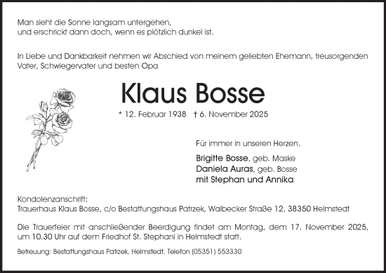 Traueranzeige von Klaus Bosse von Helmstedter Nachrichten