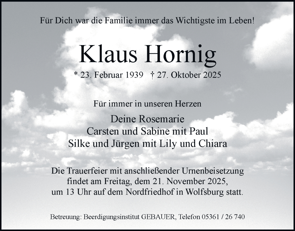  Traueranzeige für Klaus Hornig vom 01.11.2025 aus Braunschweiger Zeitung, Wolfsburger Nachrichten