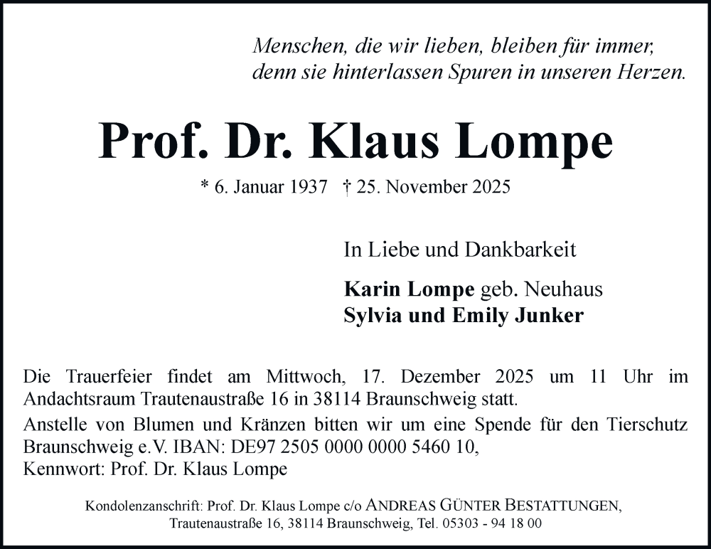  Traueranzeige für Klaus Lompe vom 29.11.2025 aus Braunschweiger Zeitung