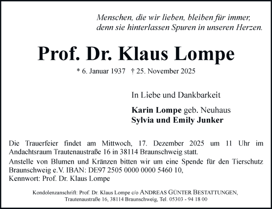 Traueranzeige von Klaus Lompe von Braunschweiger Zeitung