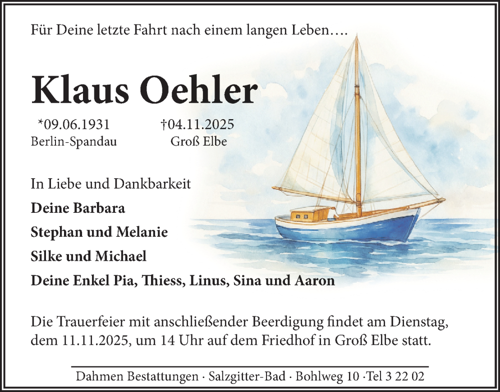  Traueranzeige für Klaus Oehler vom 08.11.2025 aus Salzgitter-Zeitung