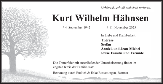 Traueranzeige von Kurt Wilhelm Hähnsen von Peiner Nachrichten