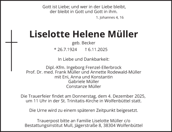 Traueranzeige von Liselotte Helene Müller von Wolfenbütteler Zeitung