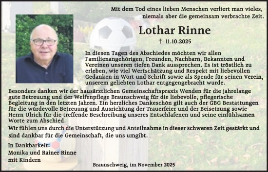 Traueranzeige von Lothar Rinne von Braunschweiger Zeitung