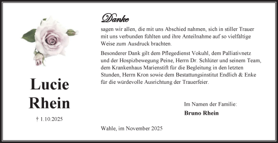Traueranzeige von Lucie Rhein von Peiner Nachrichten