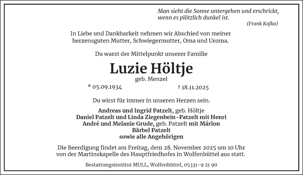 Traueranzeige für Luzie Höltje vom 22.11.2025 aus Wolfenbütteler Zeitung