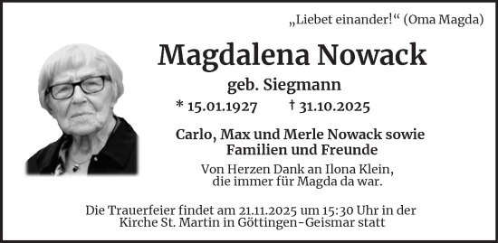 Traueranzeige von Magdalena Nowack von Salzgitter-Zeitung