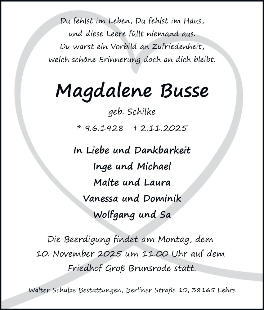  Traueranzeige für Magdalene Busse vom 06.11.2025 aus Braunschweiger Zeitung, Wolfsburger Nachrichten