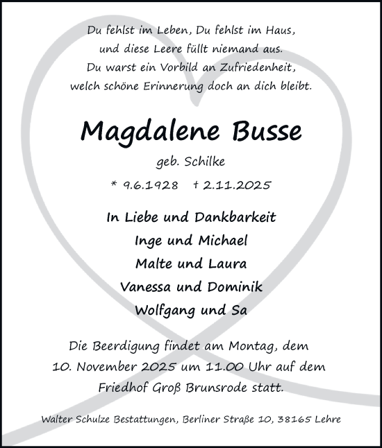 Traueranzeige von Magdalene Busse von Braunschweiger Zeitung, Wolfsburger Nachrichten