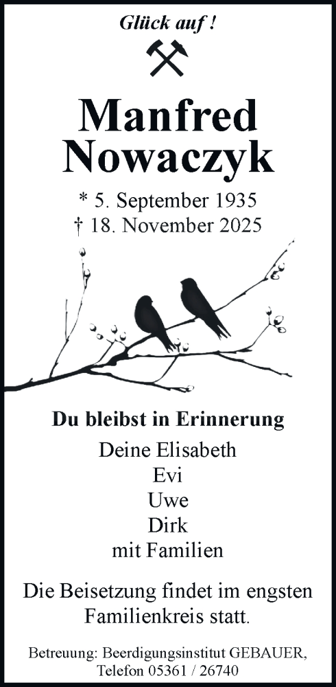Traueranzeige von Manfred Nowaczyk von Braunschweiger Zeitung, Wolfsburger Nachrichten