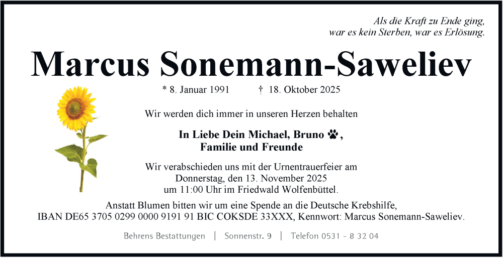  Traueranzeige für Marcus Sonemann-Saweliev vom 08.11.2025 aus Braunschweiger Zeitung