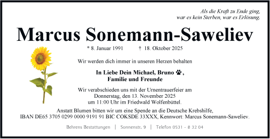 Traueranzeige von Marcus Sonemann-Saweliev von Braunschweiger Zeitung