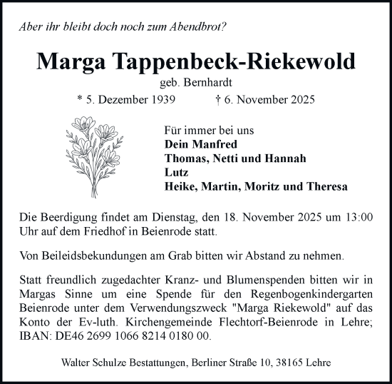 Traueranzeige von Marga Tappenbeck-Riekewold von Braunschweiger Zeitung, Wolfsburger Nachrichten