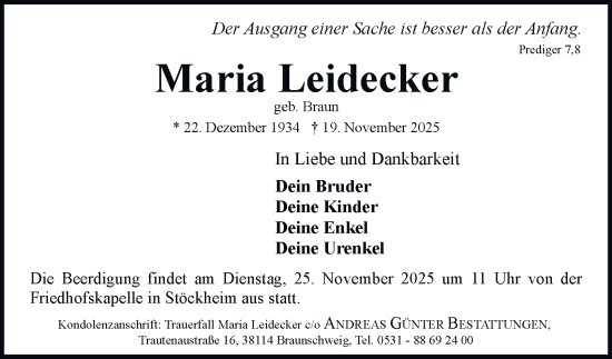 Traueranzeige von Maria Leidecker von Braunschweiger Zeitung