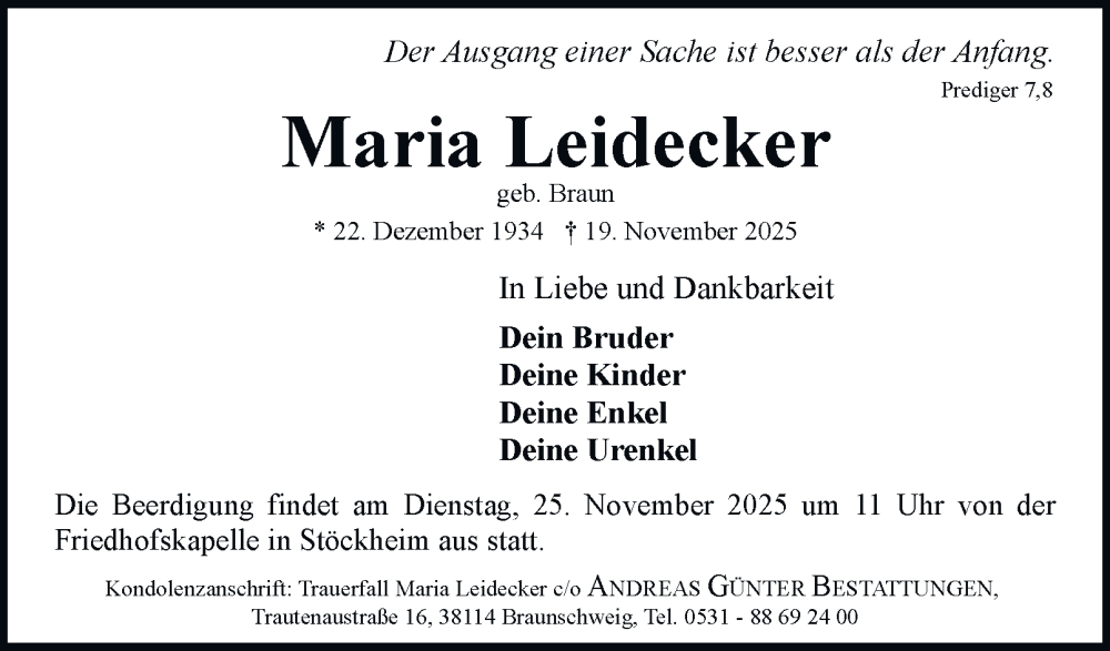  Traueranzeige für Maria Leidecker vom 22.11.2025 aus Braunschweiger Zeitung