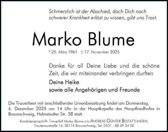 Traueranzeige von Marko Blume von Braunschweiger Zeitung