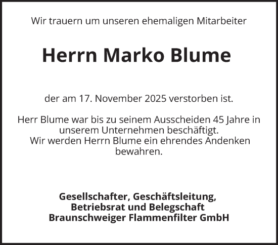 Traueranzeige von Marko Blume von Braunschweiger Zeitung