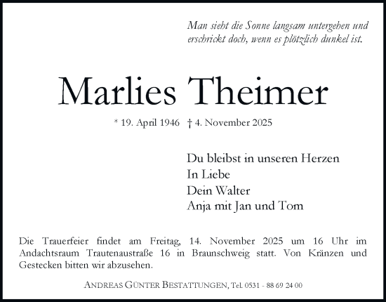 Traueranzeige von Marlies Theimer von Braunschweiger Zeitung