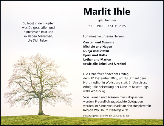 Traueranzeige von Marlit Ihle von Braunschweiger Zeitung, Wolfsburger Nachrichten