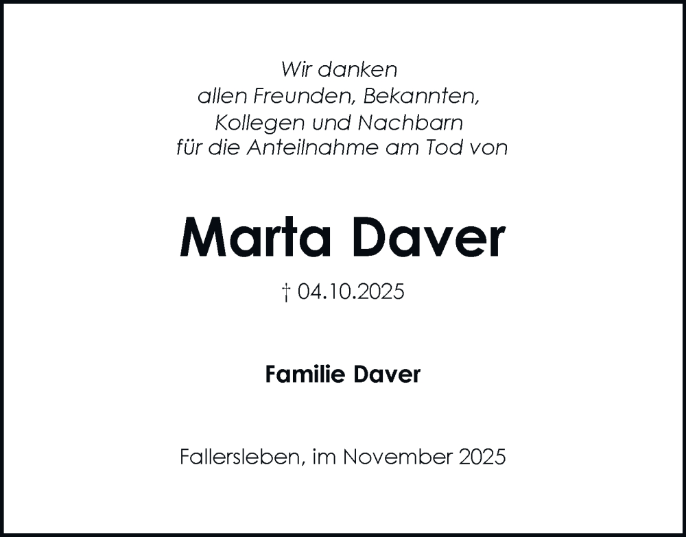  Traueranzeige für Marta Daver vom 08.11.2025 aus Braunschweiger Zeitung, Wolfsburger Nachrichten