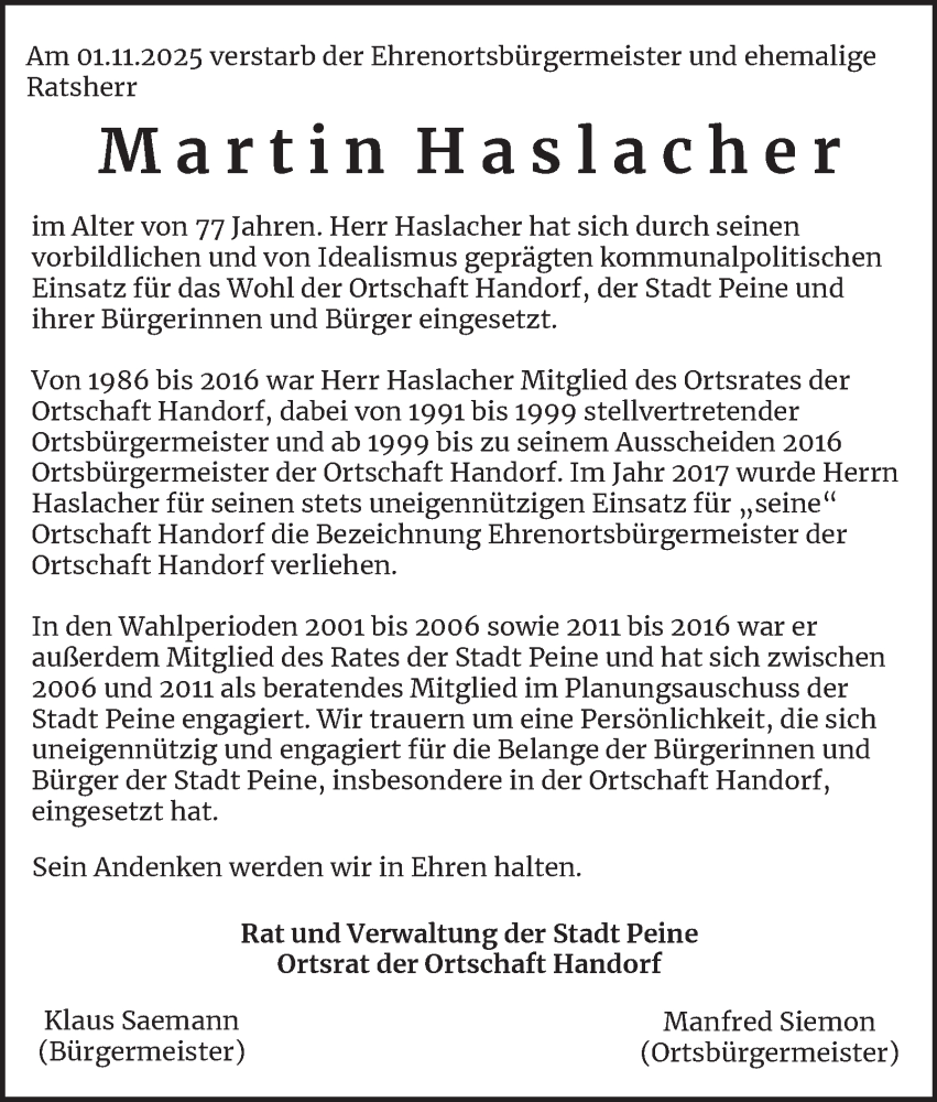  Traueranzeige für Martin Haslacher vom 08.11.2025 aus Peiner Nachrichten