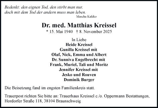Traueranzeige von Matthias Kreissel von Braunschweiger Zeitung