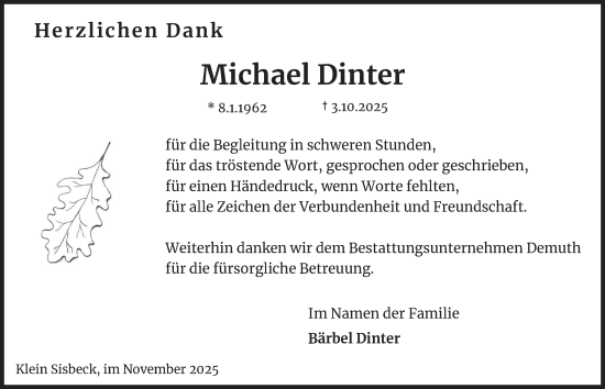Traueranzeige von Michael Dinter von Helmstedter Nachrichten
