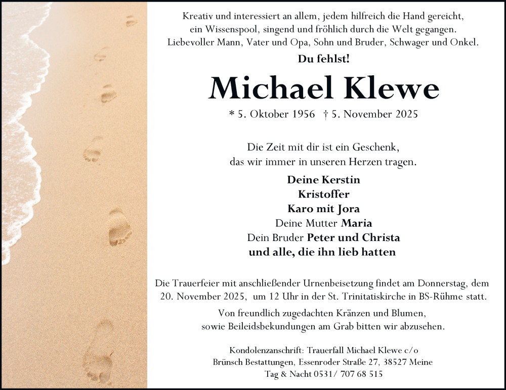  Traueranzeige für Michael Klewe vom 15.11.2025 aus Braunschweiger Zeitung