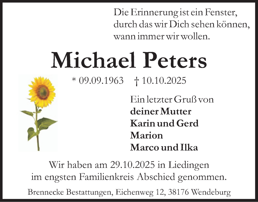  Traueranzeige für Michael Peters vom 01.11.2025 aus Braunschweiger Zeitung