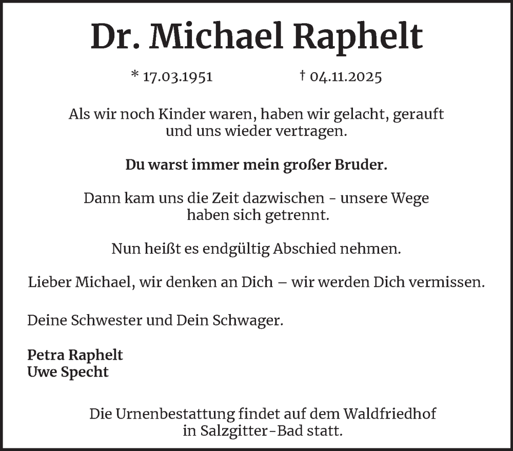  Traueranzeige für Michael Raphelt vom 22.11.2025 aus Salzgitter-Zeitung