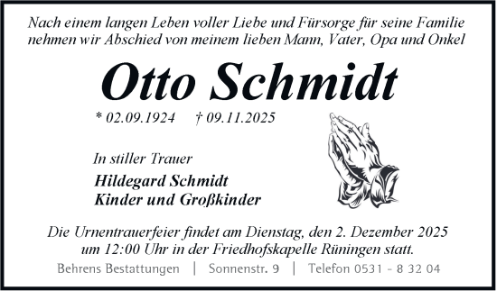Traueranzeige von Otto Schmidt von Neue Braunschweiger am Samstag