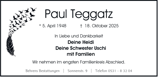 Traueranzeige von Paul Teggatz von Braunschweiger Zeitung
