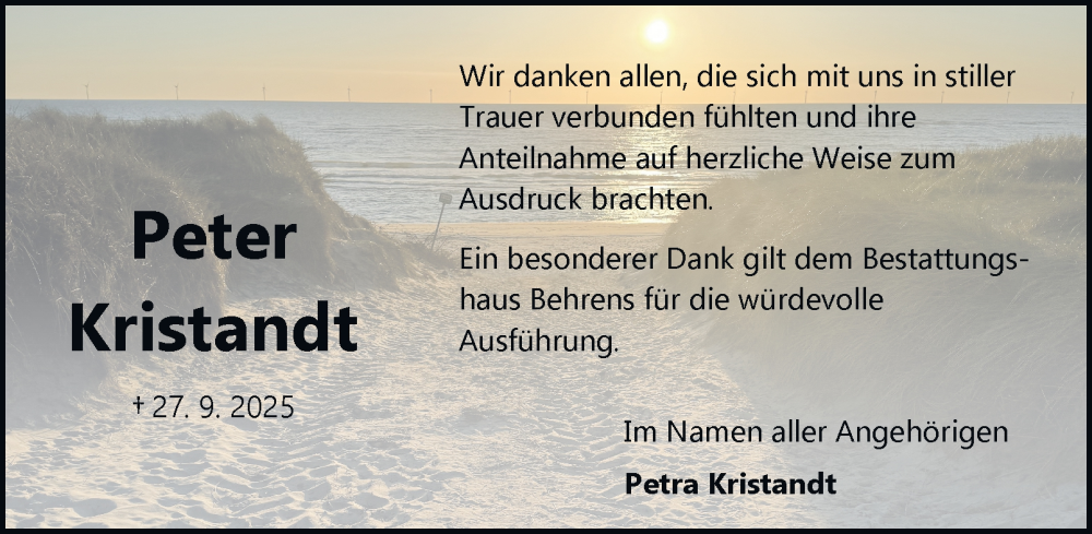  Traueranzeige für Peter Kristandt vom 08.11.2025 aus Braunschweiger Zeitung, Wolfsburger Nachrichten