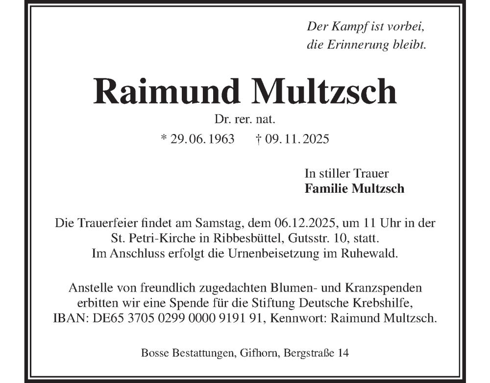 Traueranzeige für Raimund Multzsch vom 15.11.2025 aus Braunschweiger Zeitung, Wolfsburger Nachrichten