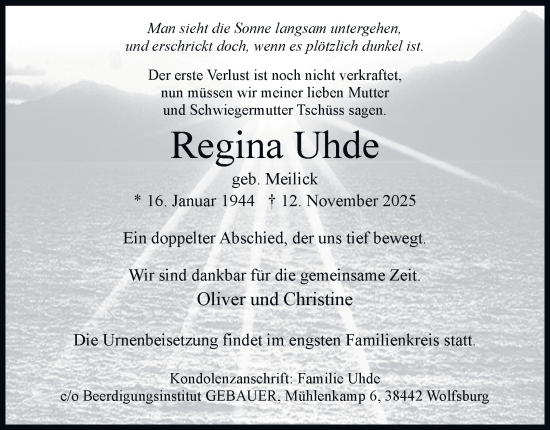 Traueranzeige von Regina Uhde von Braunschweiger Zeitung, Wolfsburger Nachrichten