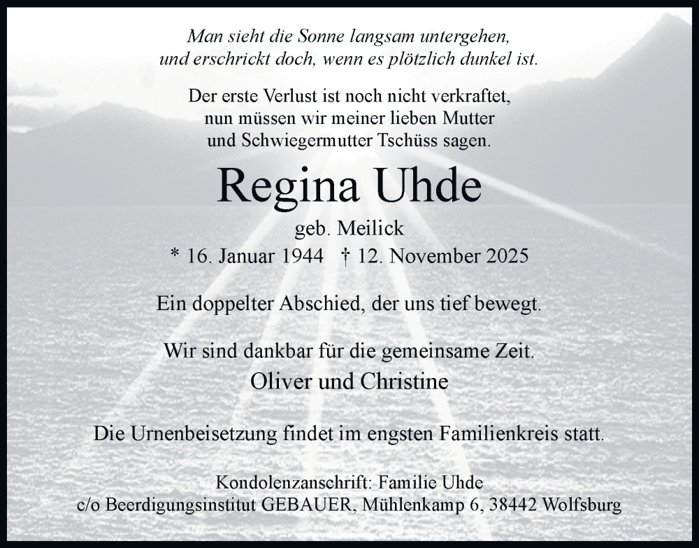  Traueranzeige für Regina Uhde vom 29.11.2025 aus Braunschweiger Zeitung, Wolfsburger Nachrichten
