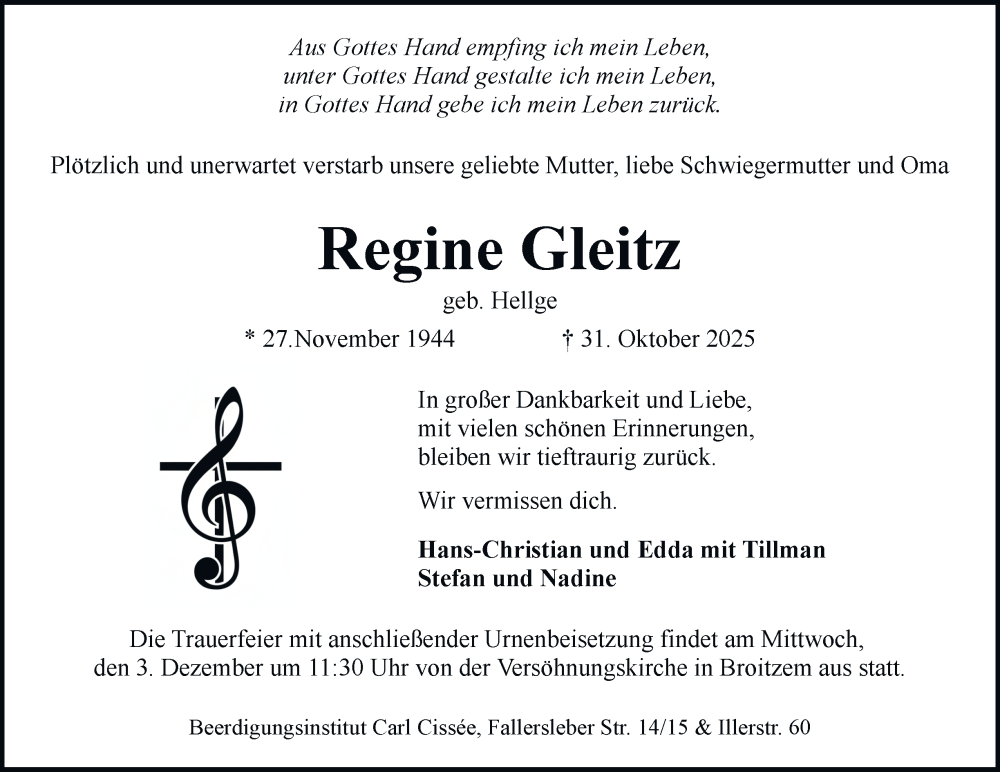  Traueranzeige für Regine Gleitz vom 15.11.2025 aus Braunschweiger Zeitung