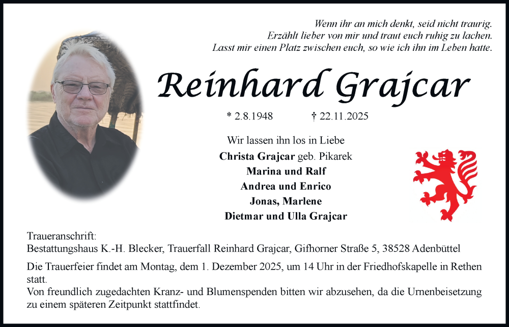  Traueranzeige für Reinhard Grajcar vom 27.11.2025 aus Braunschweiger Zeitung