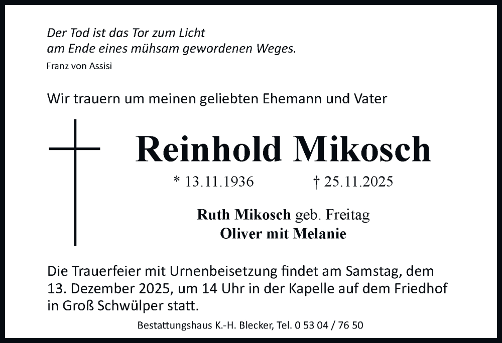  Traueranzeige für Reinhold Mikosch vom 29.11.2025 aus Braunschweiger Zeitung
