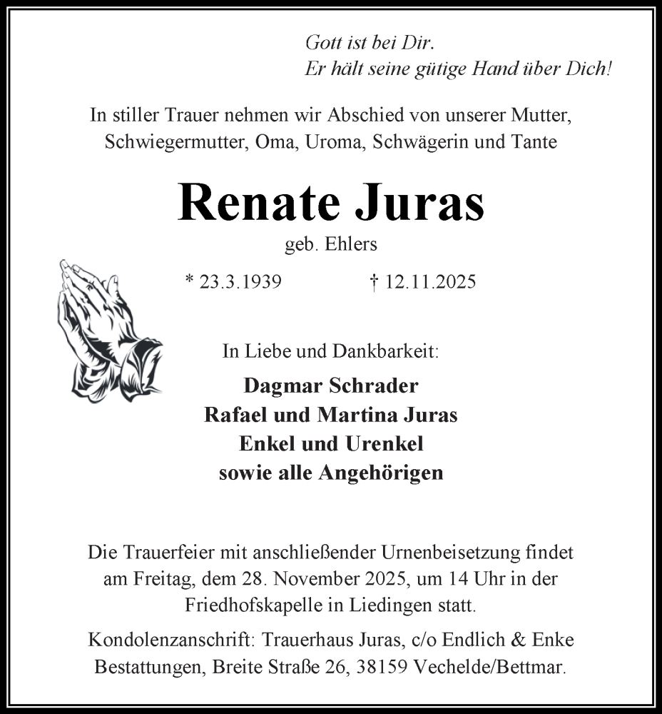  Traueranzeige für Renate Juras vom 22.11.2025 aus Peiner Nachrichten
