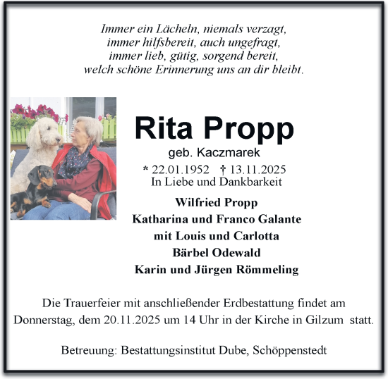 Traueranzeige von Rita Propp von Wolfenbütteler Zeitung