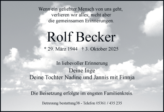Traueranzeige von Rolf Becker von Braunschweiger Zeitung, Wolfsburger Nachrichten