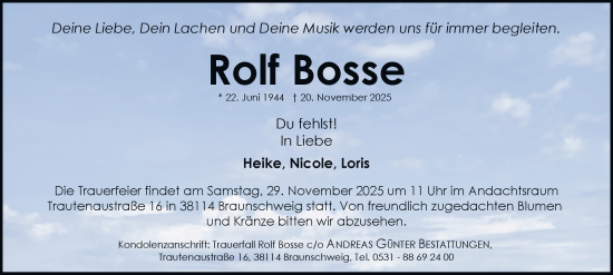 Traueranzeige von Rolf Bosse von Braunschweiger Zeitung