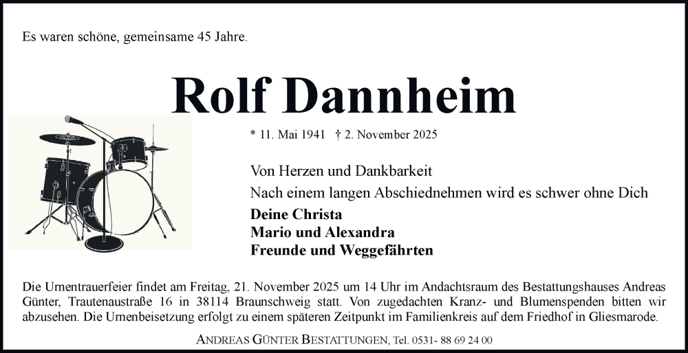  Traueranzeige für Rolf Dannheim vom 08.11.2025 aus Braunschweiger Zeitung