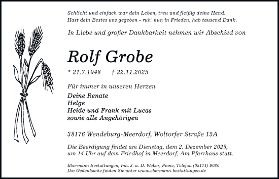 Traueranzeige von Rolf Grobe von Peiner Nachrichten