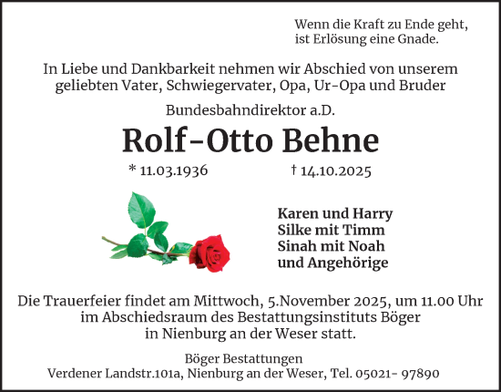 Traueranzeige von Rolf-Otto Behne von Helmstedter Nachrichten